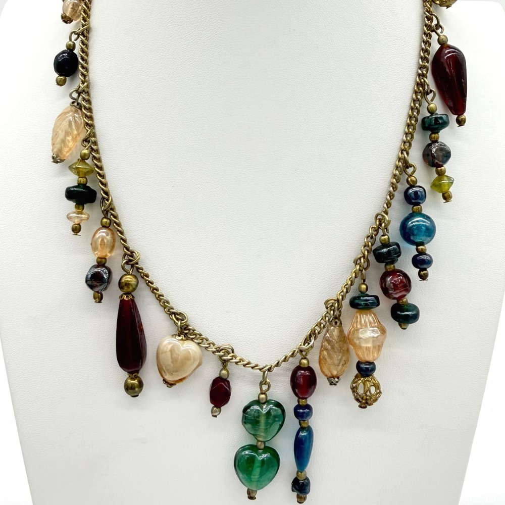Vintage Art Glass Charm Necklace Heart Bead Dangle Boho Festival Statement